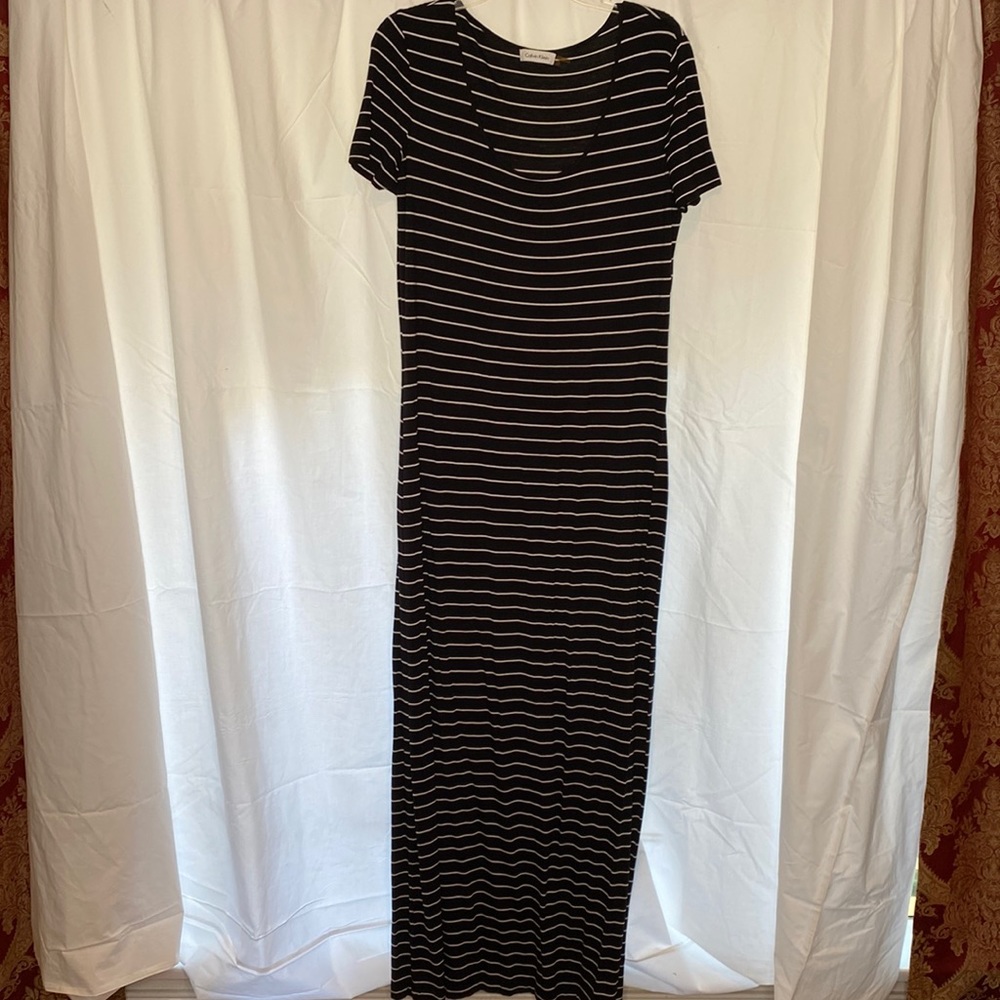 Calvin Klein black and white striped jersey maxi dress size 12